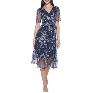 Kenzie Women’s Size 4 Navy White Floral Midi V-Neck Floral Dress NWT